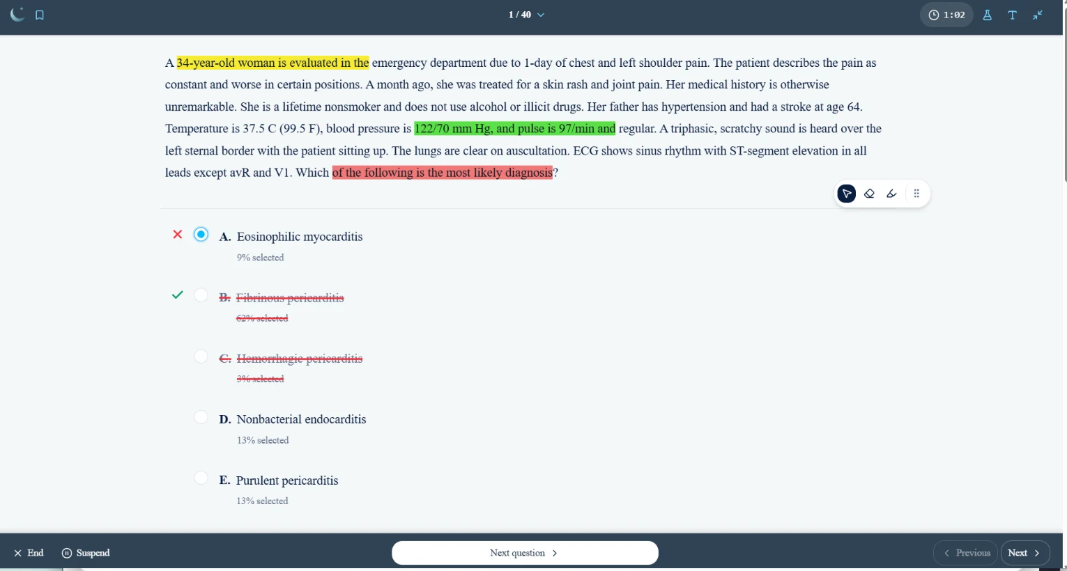 QBankio question screen with highlighting tools